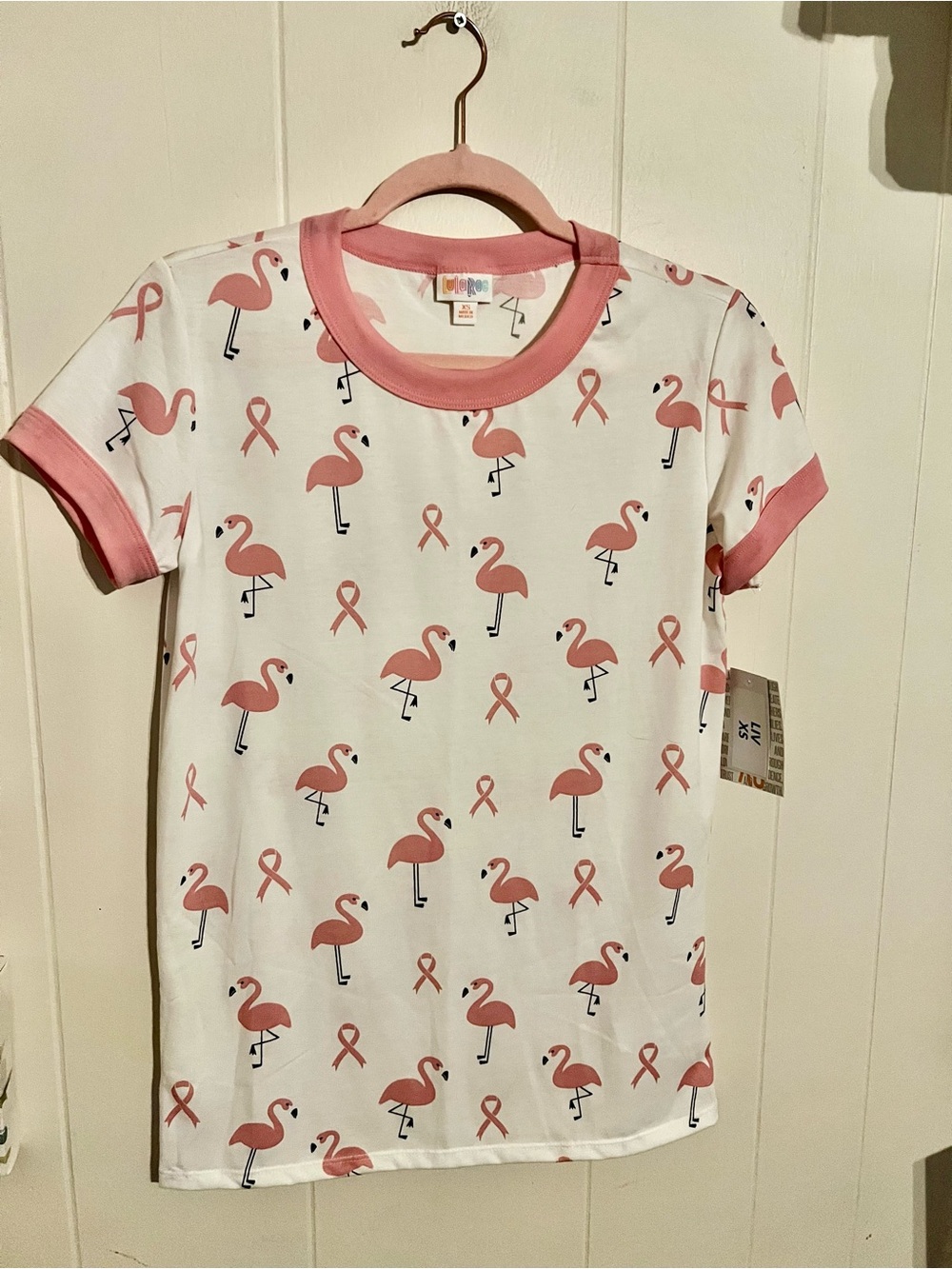 NWT XS Lularoe Liv Breast Cancer Ribbons with Flamingo Print and Pink Trim